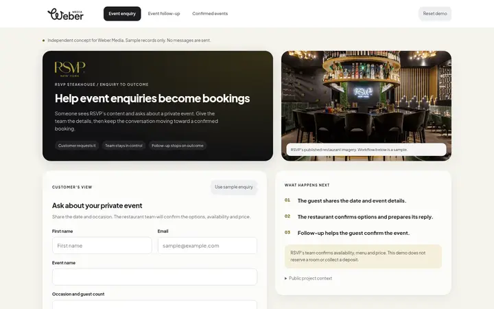 Private event booking follow up