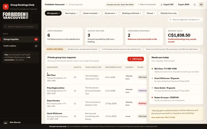 Group bookings desk